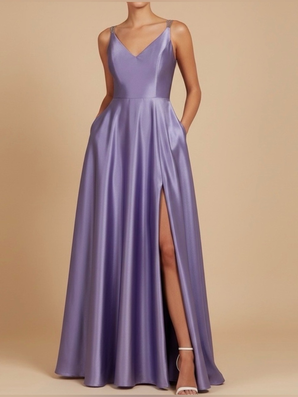 Lavender Satin V-Neck Evening Gown with Side Slit Open Back Juniors 5/6